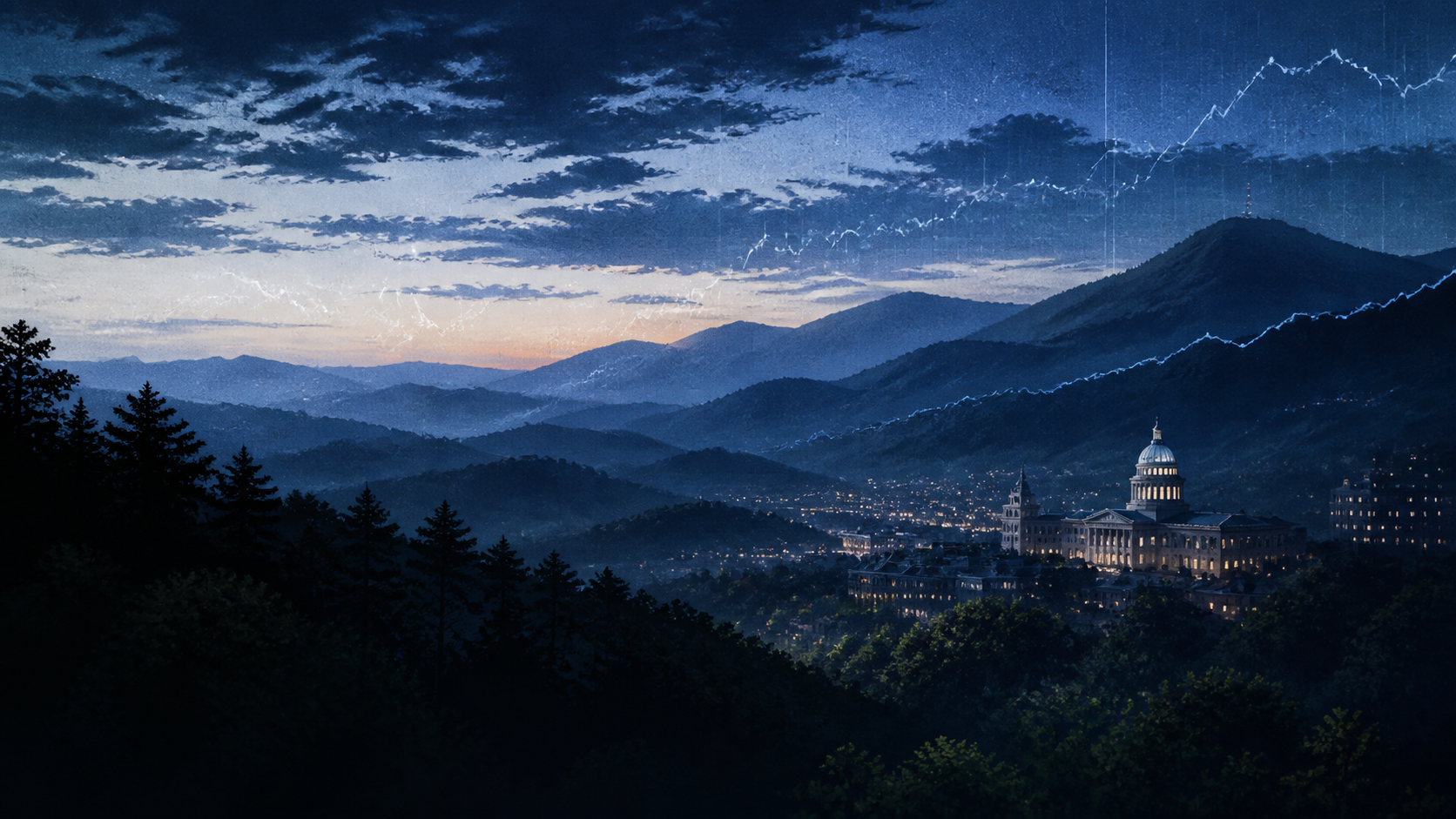 Western North Carolina mountains at dusk with subtle market chart lines